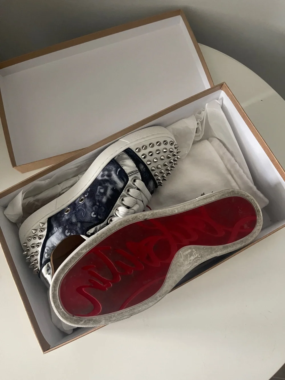 Christian Louboutin Men’s Navy Patterned and White Spike-Stud Sneakers